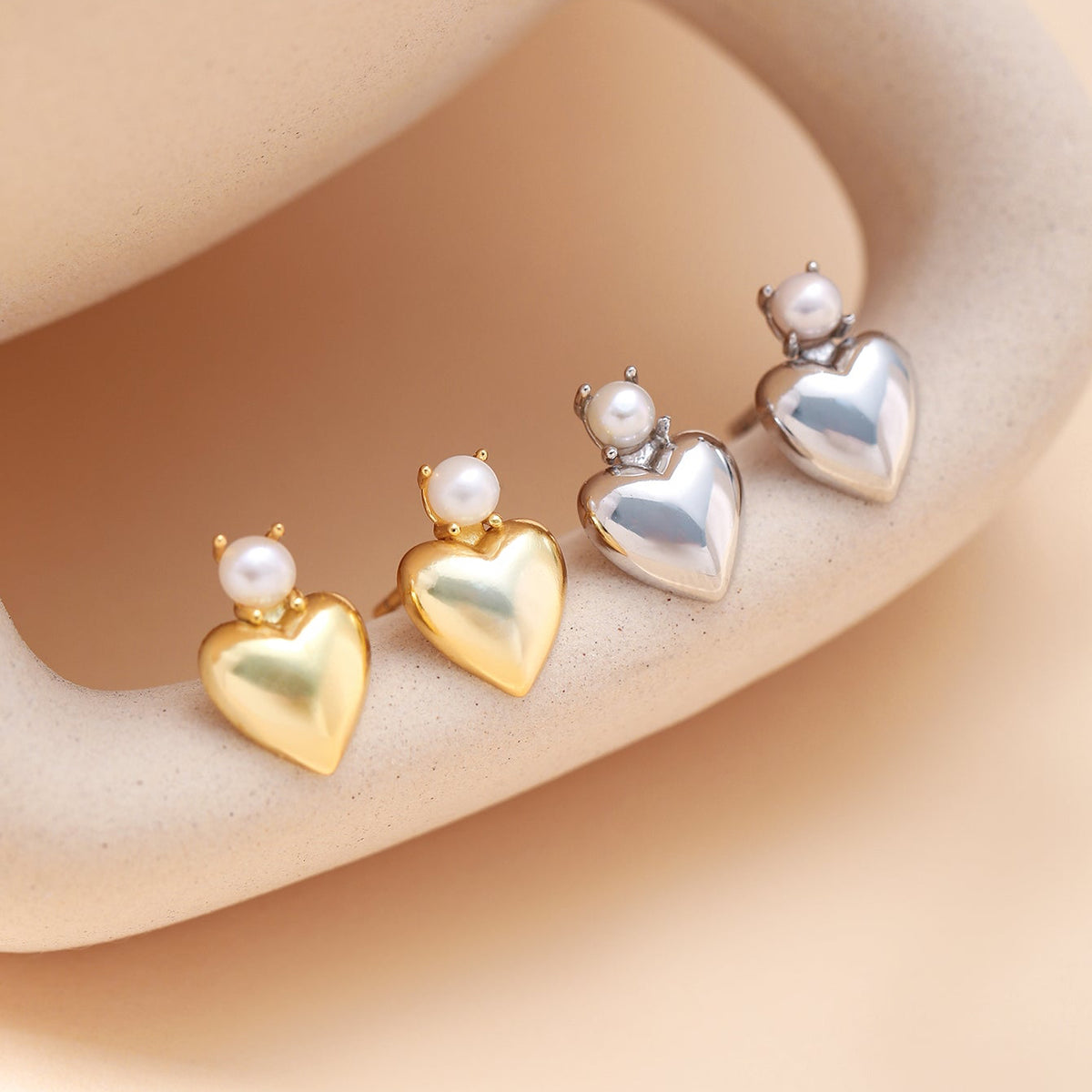 Pearl Heart Stud Earrings - 925 Sterling Silver