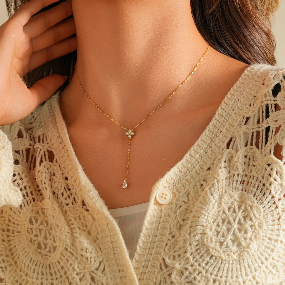 Flower CZ Y-Lariat Necklace - 925 Plated Silver