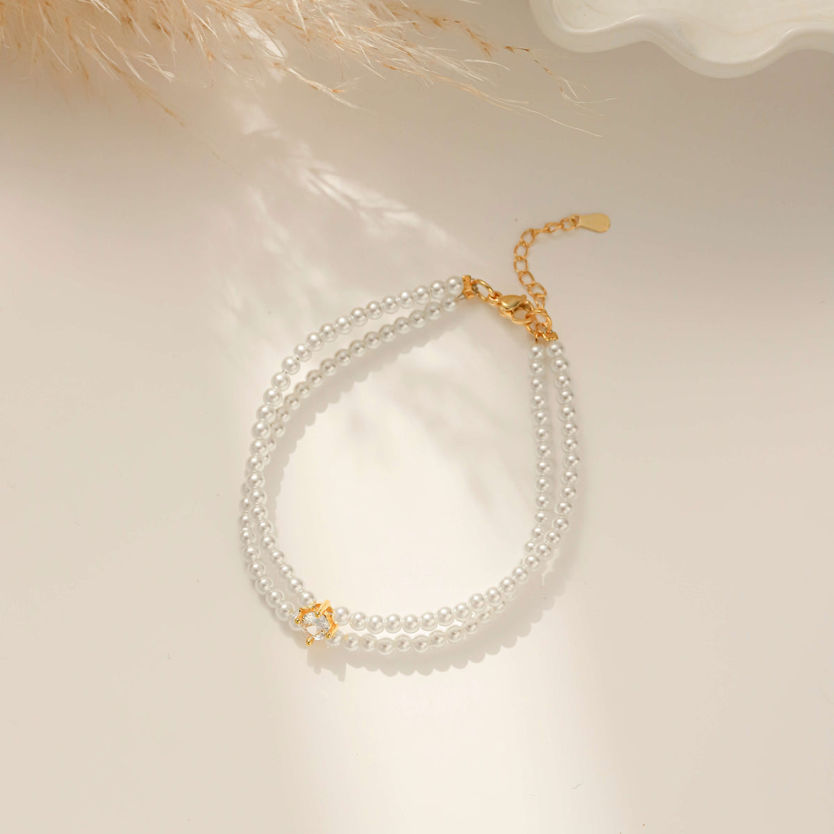 Double Layer Pearl & CZ Bracelet – 18K Gold