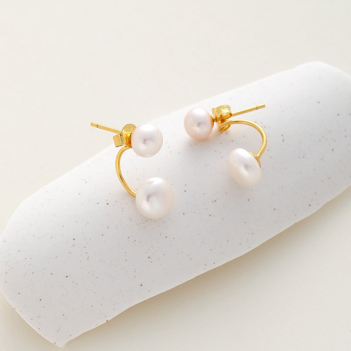Gold pearl 2 in 1 ear jacket with white freshwater pearls, minimalist style 