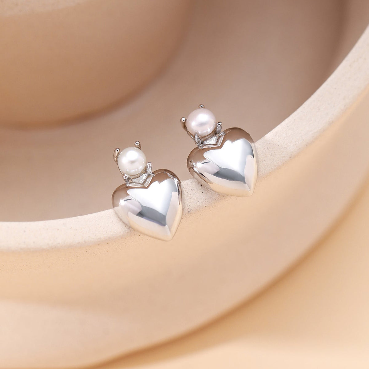 Pearl Heart Stud Earrings - 925 Sterling Silver