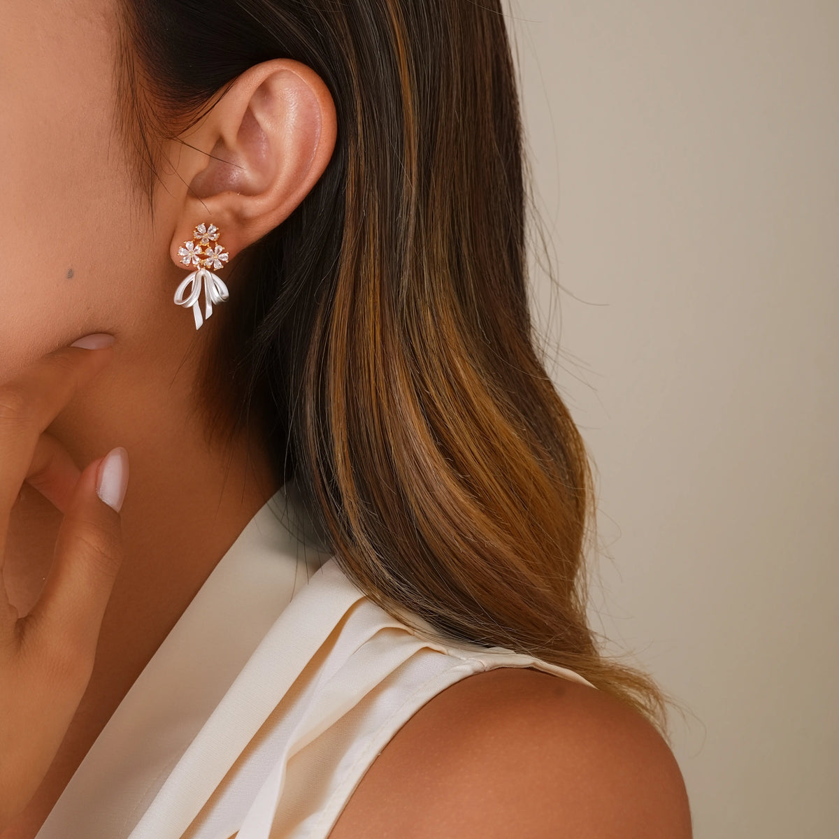 Floral CZ Bow Drop Earrings – Clip-On or Stud