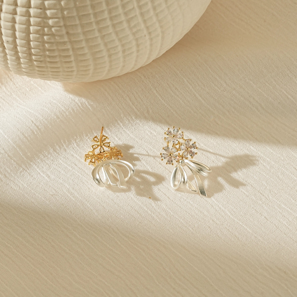 Floral CZ Bow Drop Earrings – Clip-On or Stud