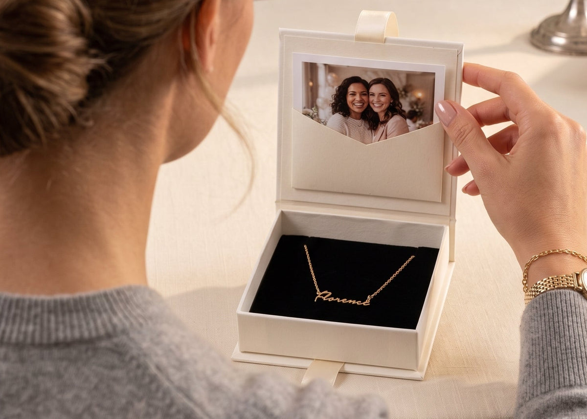 A woman viewed from behind sits at a table, holding open a white jewellery box that displays a gold necklace with a custom nameplate. The inside lid of the box features a printed photo card