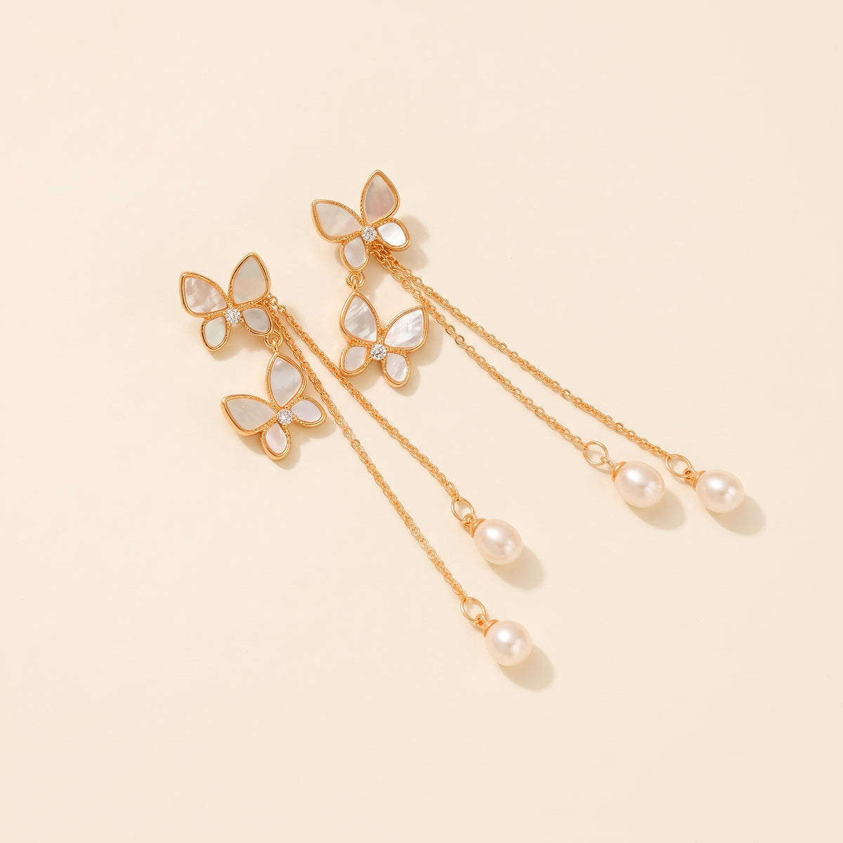 18K gold butterfly drop earrings with freshwater pearls