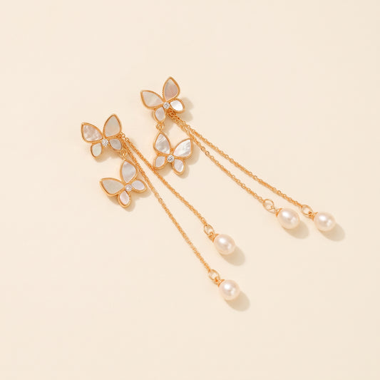 18K gold butterfly drop earrings with freshwater pearls