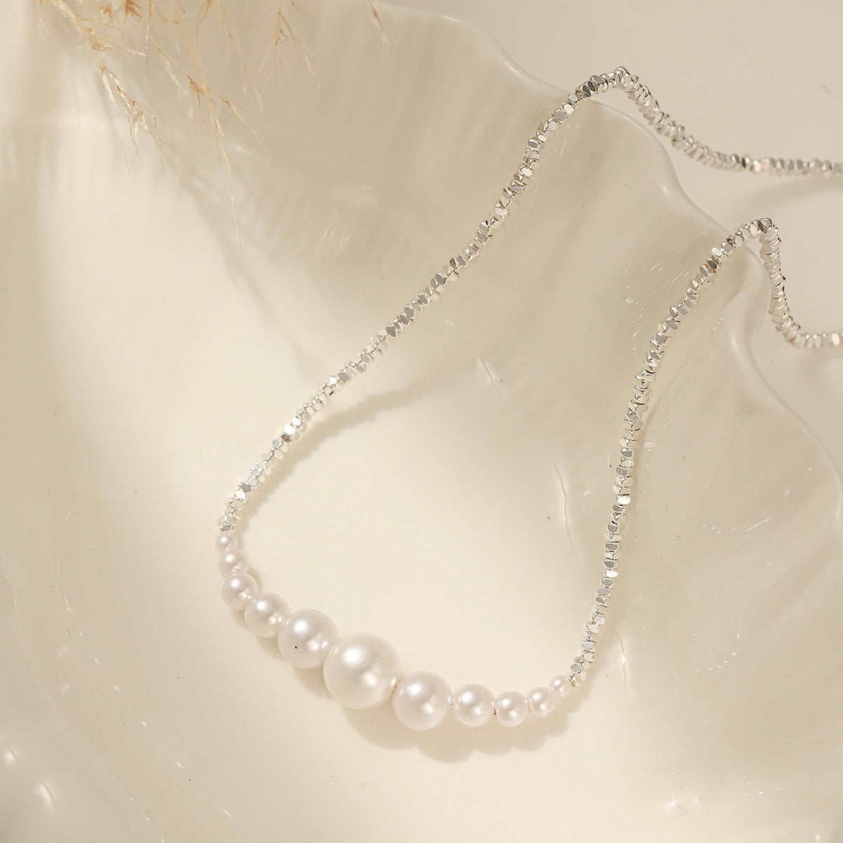 Silver pearl bead necklace with delicate lab-grown pearl beads
